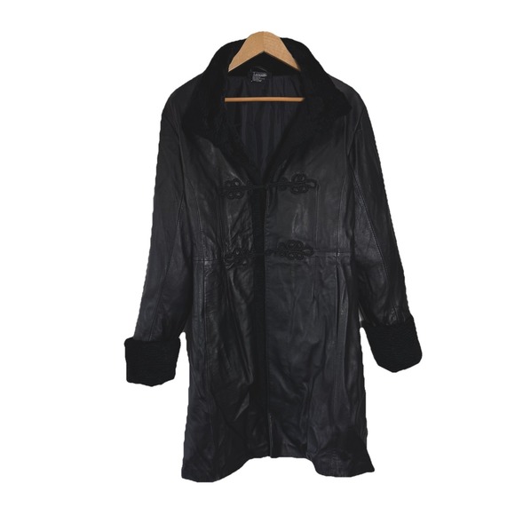 VTG Dennis Basso Women's L Black Leather Jacket Coat Faux Fur Mandarin Collar - Picture 2 of 9